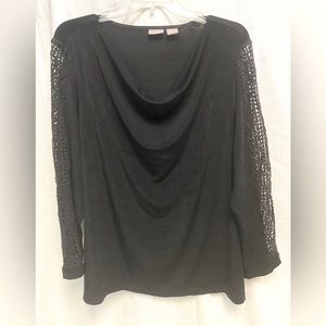 Chico’s Travellers size 3 black cowl neck blouse with crochet sleeve insets.